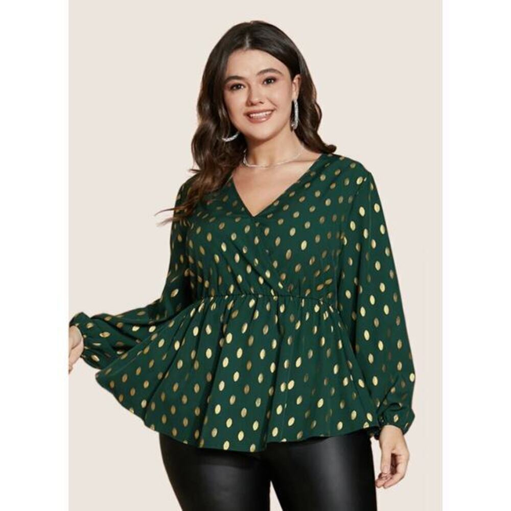 1XL Polka Dot Lantern Sleeve Wrap Ruffle Blouse